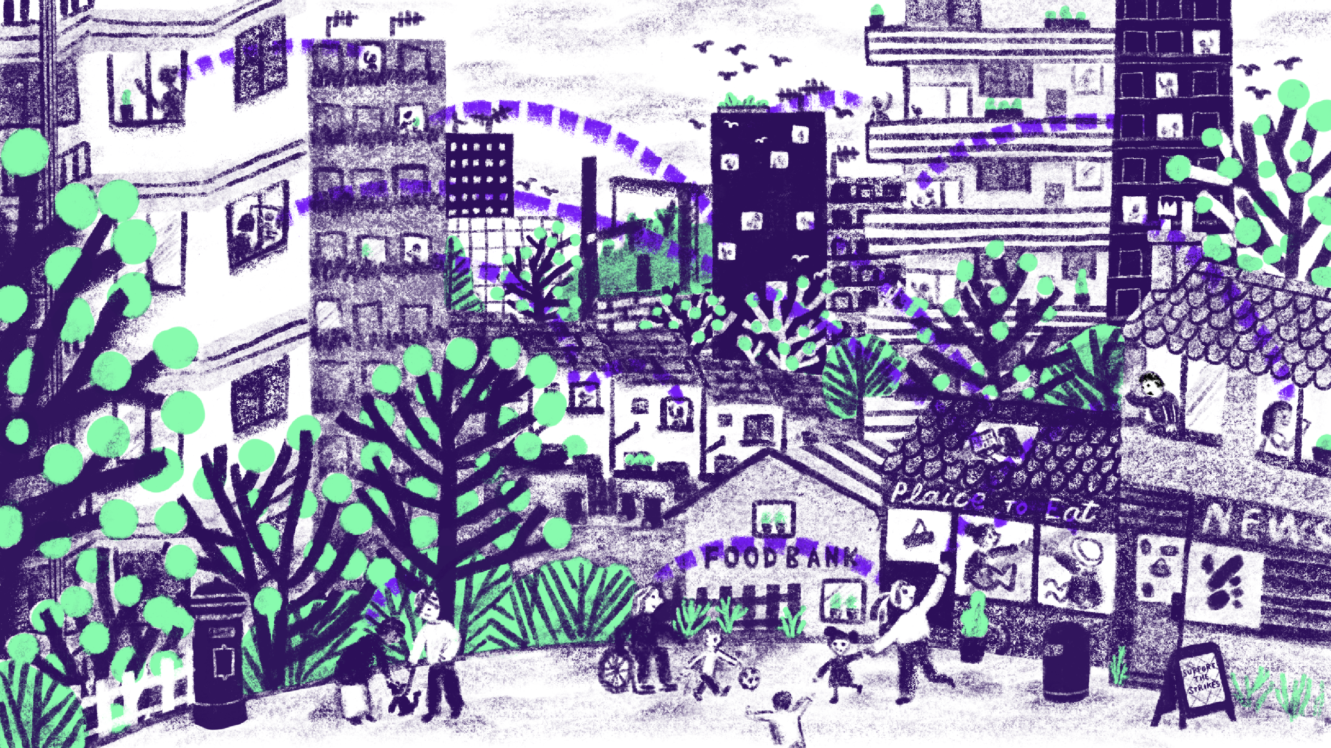Illustrated Spring scene of town